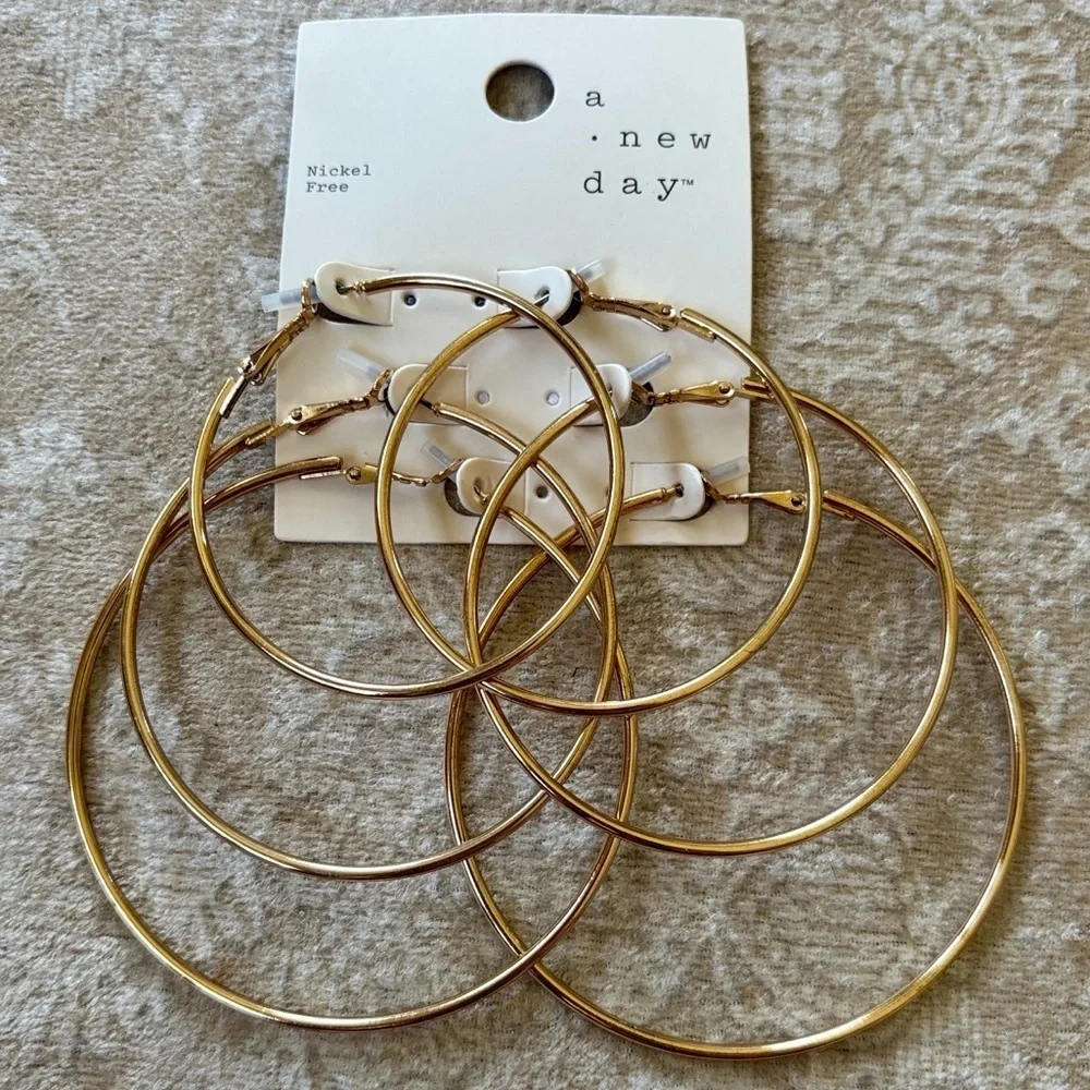 A New Day 3-Pack Gold Tone Hoop Earrings White Beaded Stretch Bracelet w/ Cross - Picture 8 of 11